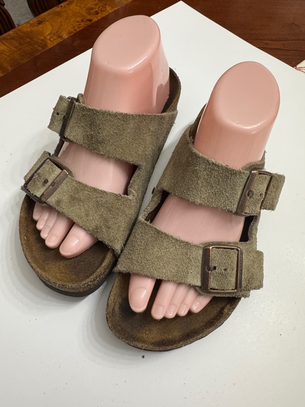Birkenstock Suede Double-Buckle Slide Slipper  in Olive size 40